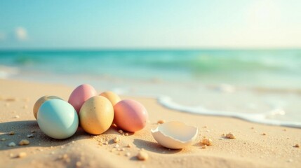 Pastel Easter eggs nestled on a sun-kissed beach, beside a broken eggshell, with gentle waves lapping the shore.