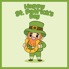 Cartoon leprechaun smiling while holding a golden horseshoe, symbolizing luck and Irish tradition on St. Patrick’s Day