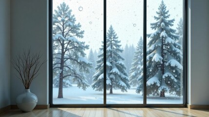 Fototapeta premium Serene Winter Landscape Viewed Through a Modern Window Pane