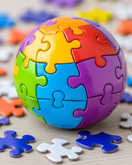 Colorful spherical puzzle assembled on a wooden surface with loose pieces . AI generative