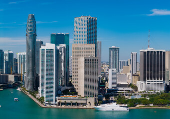 Fototapeta premium Miami skyline. Miami skyscraper cityscape. Miami city skyline view of Brickell key. Miami downtown. Skyscraper building. Cityscape building downtown. Travel destination. City architecture