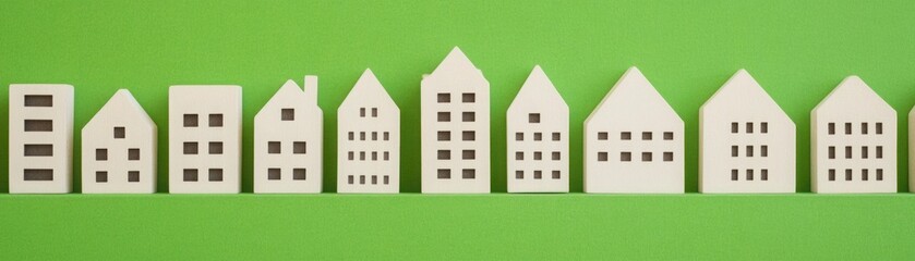 A Row of Stylized White Houses Set Against a Bright Green Background Perfect for Themes of Home, Community, Urban Living, and Real Estate