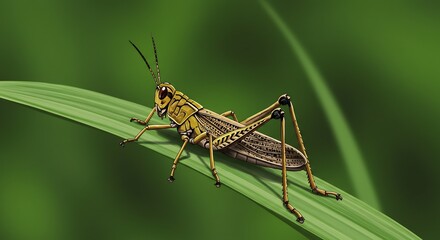 Grasshopper on Blade of Grass Soft Light Macro Photography. AI Generated
