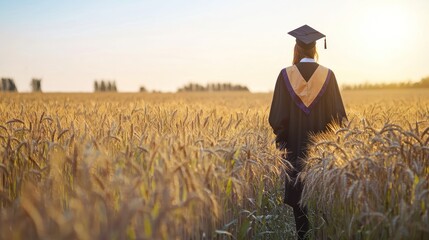 A rural graduation setting with a student in cap and gown standing in a wheat field.