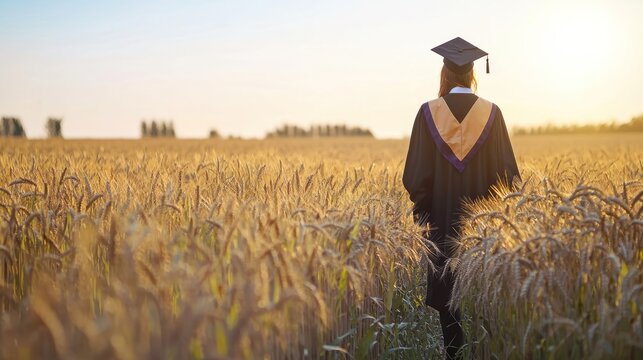 A rural graduation setting with a student in cap and gown standing in a wheat field.