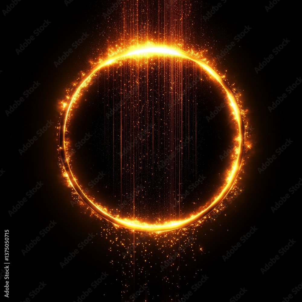 Poster golden ring of fire: a luminous portal on a dark background with sparkly effervescent trails.