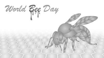 World Bee Day vector art. Detailed line-drawn honeybee resting on a honeycomb. Global Bee Day awareness campaigns. Bumblebee and bee honey themes.