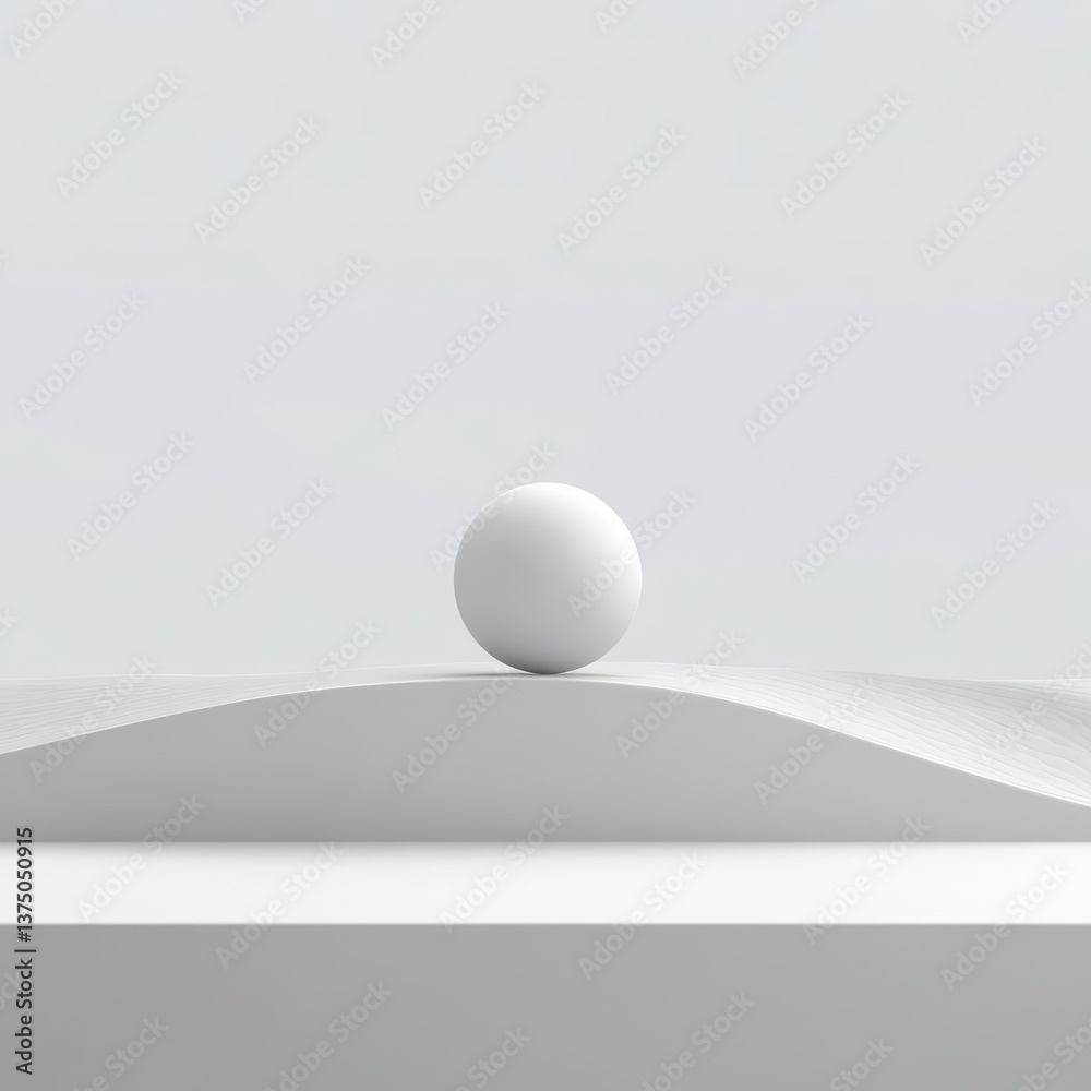 Aufkleber monochrome minimalism: a white sphere resting on a textured, wavy surface in a clean studio setting,