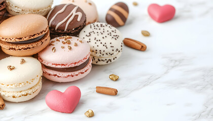 Obraz premium Delicious assortment of colorful macarons and heart-shaped sweets on marble . AI generative