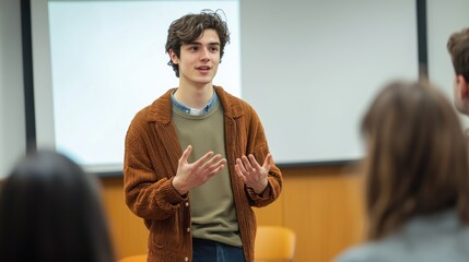 A university student presenting a project in front of their peers in a classroom.