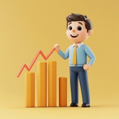 3D Cartoon Businessman Standing with Growing Bar Graph Icon