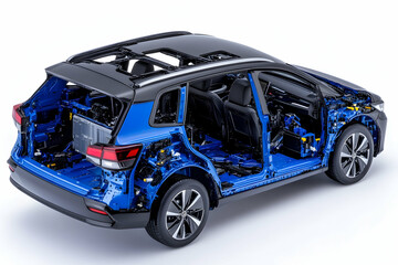 Exploded view of a blue SUV showcasing its internal components and structure . AI generative