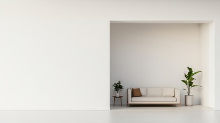 Minimalist interior design neutral tones  space planning. Modern minimalist interior featuring a sofa, plants, and open space.