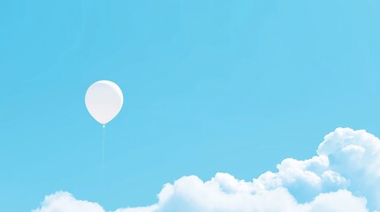 Single white balloon floating in a clear blue sky. the balloon is in the center of the image and is attached to a thin white string.