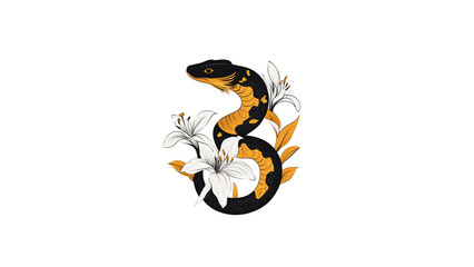 Obraz premium Elegant Black and Gold Snake with White Lilies - Dark Background