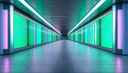 Futuristic neon-lit corridor with vibrant green and purple panels . AI generative