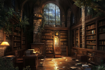 Enchanting Library Interior with Bookshelves, Desk and Natural Light