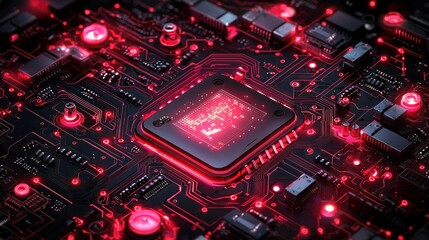 Fototapeta premium Glowing Red Circuit Board with Central Processing Unit
