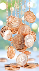 Golden cryptocurrency coins dangle from chains against a blurred background . AI generative