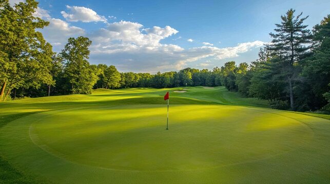 A close-up of a golf course green with the flagstick and hole at the center.