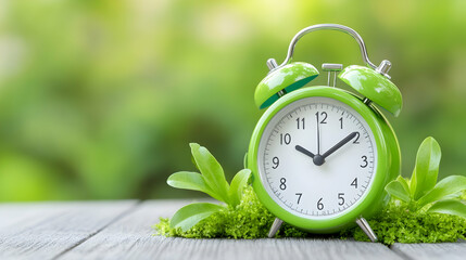 Green alarm clock on wooden surface with fresh spring foliage . AI generative