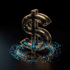 A digital representation of a glowing dollar sign surrounded by colorful particles against a dark background.