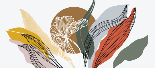 Abstract line flower and earth tone color Background. Wallpaper design with floral, leaves in line art and watercolor. Botanical Illustration for banner, card, packaging, interior, ads. © babeer