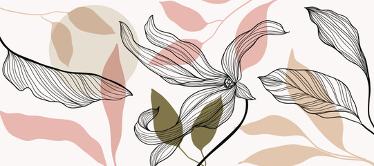 Abstract line flower and earth tone color Background. Wallpaper design with floral, leaves in line art and watercolor. Botanical Illustration for banner, card, packaging, interior, ads. © babeer