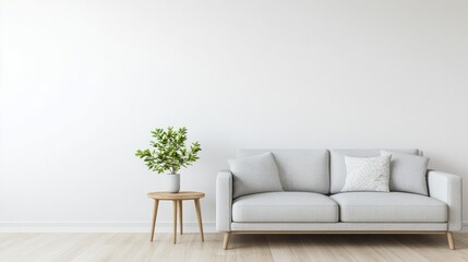 Minimalist interior design neutral tones  space planning. A modern living room featuring a light gray sofa and a small potted plant on a side table.