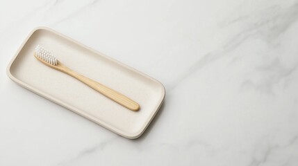 White rectangular tray with a wooden toothbrush resting on it. the toothbrush has a light brown handle and white bristles. the tray is placed on a white marble surface.