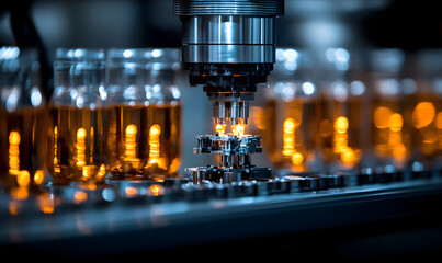 Automated Industrial Manufacturing Process: Closeup of Robotic Arm Filling Bottles with Glowing Yellow Liquid