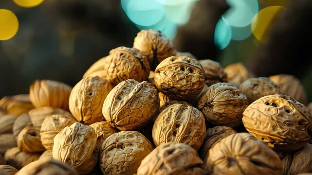 Kernel Hard Seed, Heap of freshly harvested walnuts with textured shells and light-colored kernels