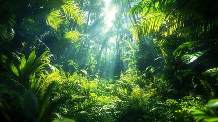 Fototapeta premium Lush Tropical Rainforest: A Sunlit Path Through Emerald Green Foliage