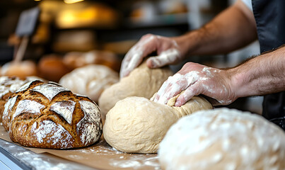 Baker Kneading Dough for Artisan Bread in a Rustic Bakery
