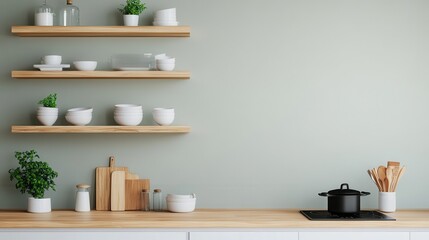 Minimalist interior design neutral tones  space planning. Modern kitchen with open shelves displaying minimalist tableware and greenery against a muted backdrop.