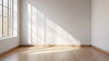 Minimalist interior design neutral tones  space planning. Empty room with sunlight casting shadows on the wooden floor and a large window.
