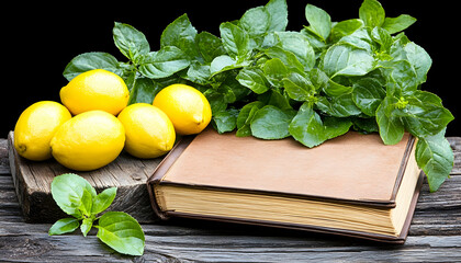 Lemons, basil, and an old book on rustic wood . AI generative