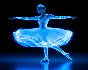 Luminescent ballerina in a flowing tutu, poised in a graceful dance pose against a dark background . AI generative