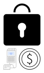 Lock icon emphasizes security, with a payment terminal and printed receipt depicting transactions. Dollar icon represents finance. Ideal for payment safety, fintech, transactions, e-commerce