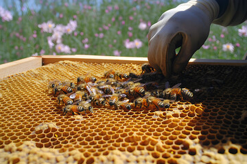 Beekeeper Inspecting Honeycomb Filled with Busy Bees in a Sunny Field