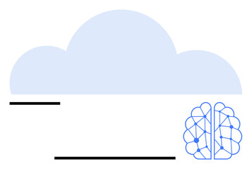 Blue cloud shape and outlined digital brain representing AI, technology, connection. Ideal for AI, machine learning, cloud computing, innovation, technology integration, data storage digital