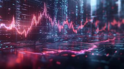 Digital display with stock market data, complex graphs, and vibrant red and pink code lines