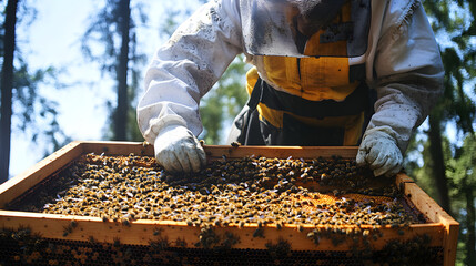 Beekeeper Inspecting Honeycomb in a Forest