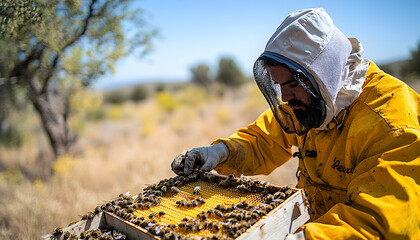 Beekeeper Inspecting Honeycomb in Arid Desert Landscape