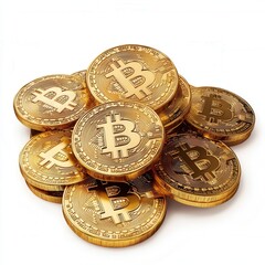 A pile of shiny gold Bitcoins stacked together, representing cryptocurrency and digital finance.