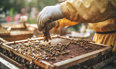 Beekeeper Inspecting Honeycomb with Bees in Apiary