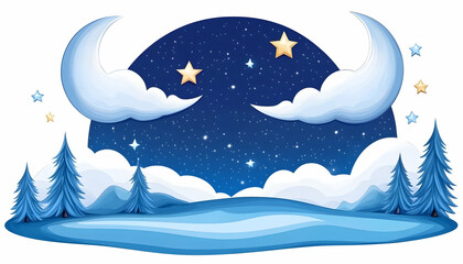 Night sky scene with crescent moons, stars, snowy landscape, and pine trees . AI generative
