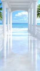 Ocean view through a white colonnade . AI generative