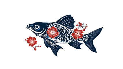 Fototapeta premium Elegant Dark Blue Koi Fish with Red Blossoms - Asian Inspired Art