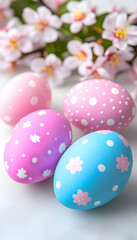 Pastel Easter eggs with cherry blossoms . AI generative
